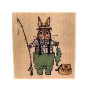 HOLLY POND HILL Susan Wheeler Rabbit Wood Rubber Stamp Edmund Fishing